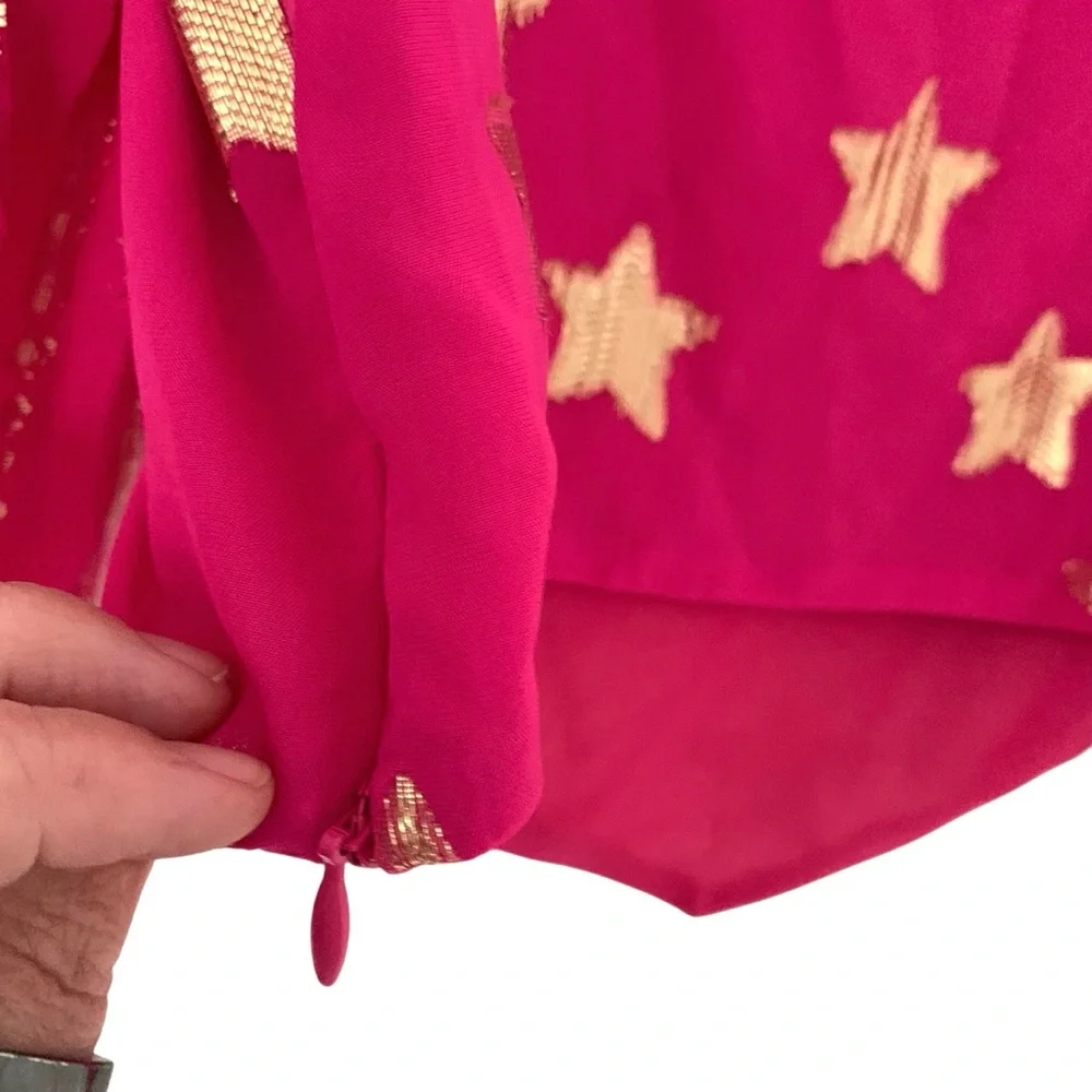 LoveShackFancy Pink and Gold Star Patterned Puff Sleeve Cropped Women's 6 Top